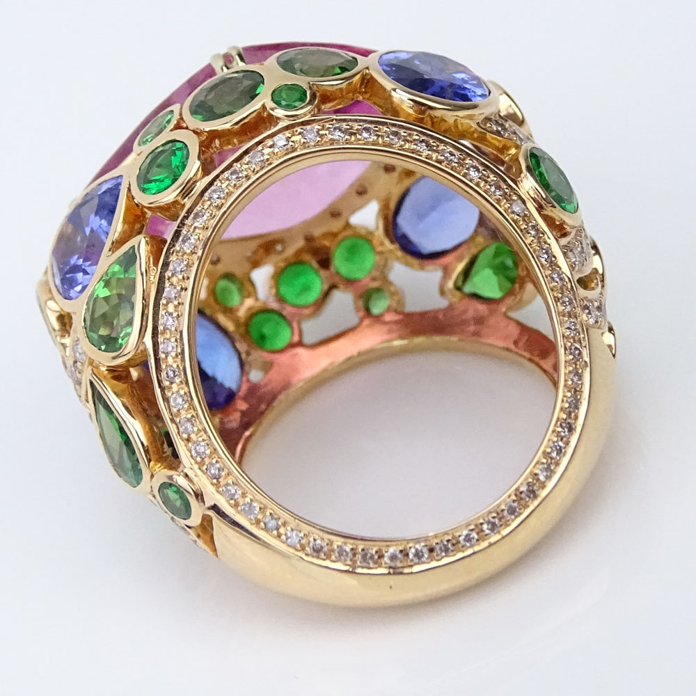 Approx. 17.0 Carat Diamond Shape Tourmaline and 18 Karat Rose Gold Ring Accented throughout with 1.30 carat Round Cut Diamonds, 5.57 Carat Tanzanites and 4.94 Carat Tsavorite Garnets. 