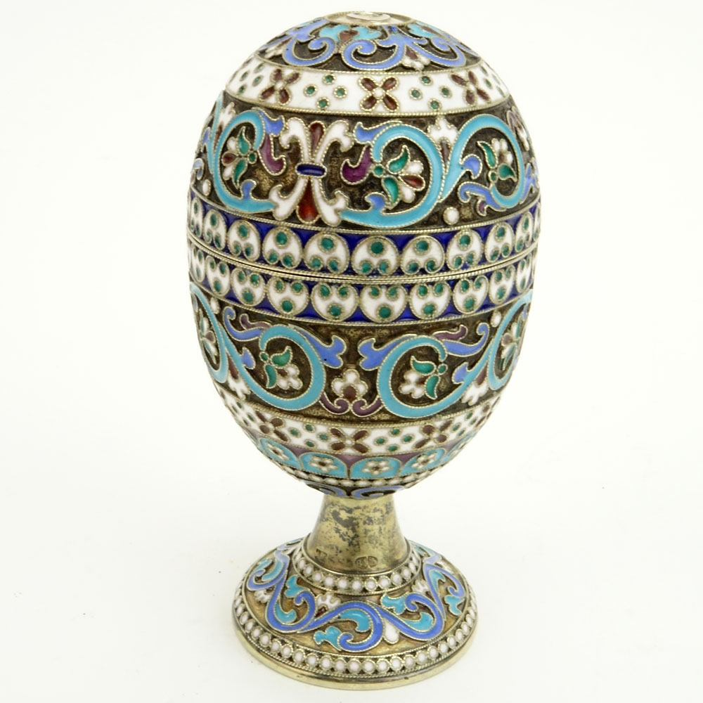 20th Century Russian 84 Silver and Cloisonne Enamel Two (2) Part Egg Cup. Signed ?? and 84 Kokoshnik.