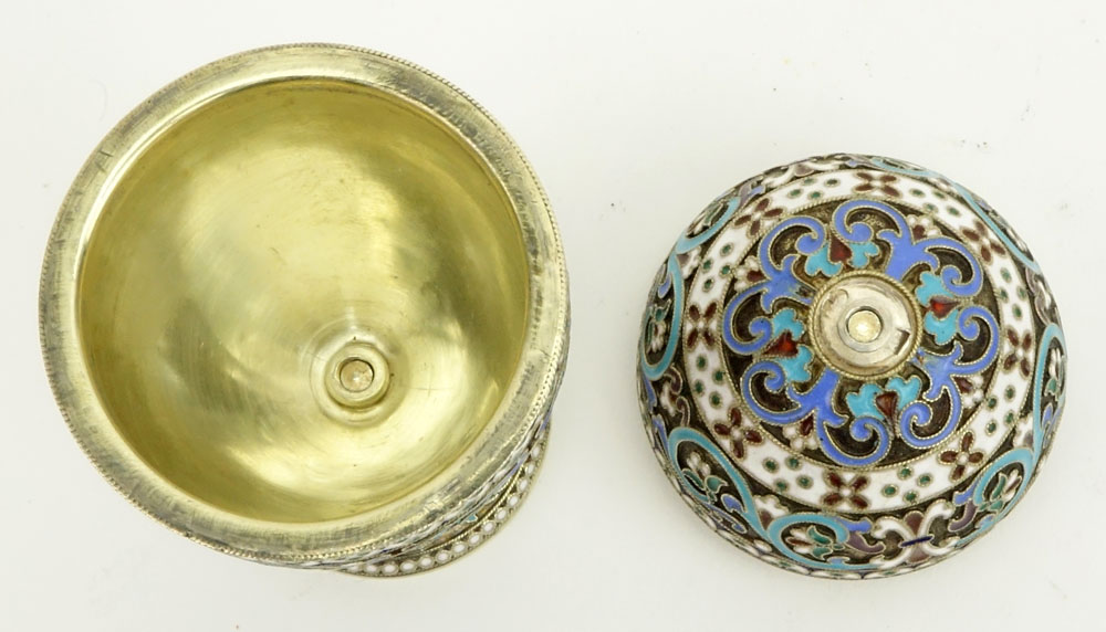 20th Century Russian 84 Silver and Cloisonne Enamel Two (2) Part Egg Cup. Signed ?? and 84 Kokoshnik.