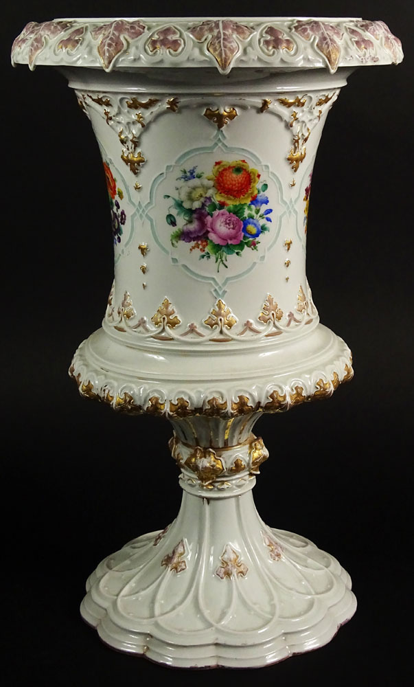 Large Impressive 19/20th Century Meissen Hand Painted Porcelain Bolted Urn with Floral Decoration.