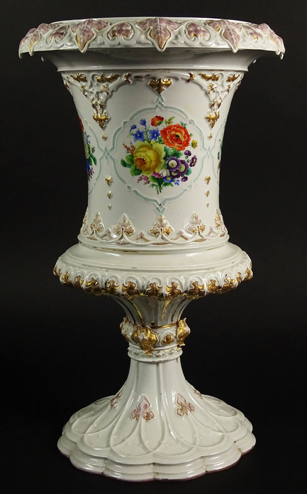 Large Impressive 19/20th Century Meissen Hand Painted Porcelain Bolted Urn with Floral Decoration.