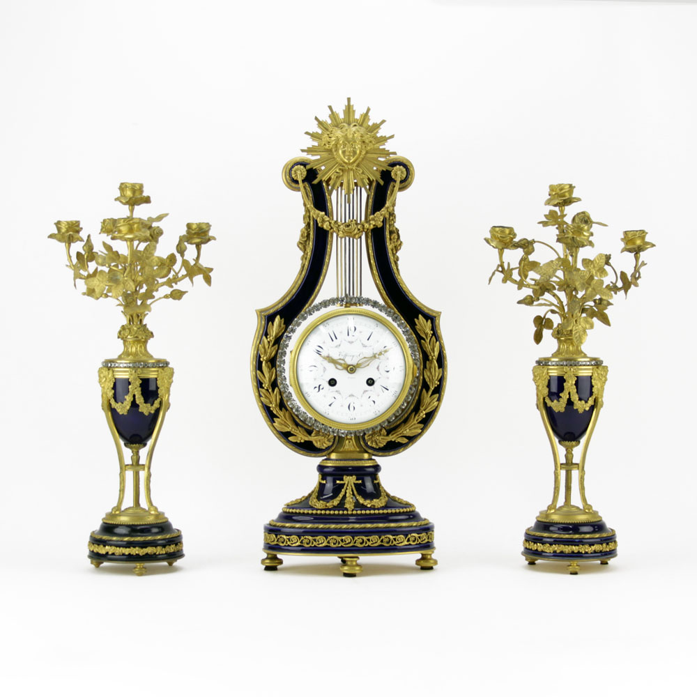 Late 19th Century Fine Louis XVl Style Cobalt Blue Sevres Porcelain Gilt Bronze Clock and Two Piece Garniture Made for Tiffany & Co.