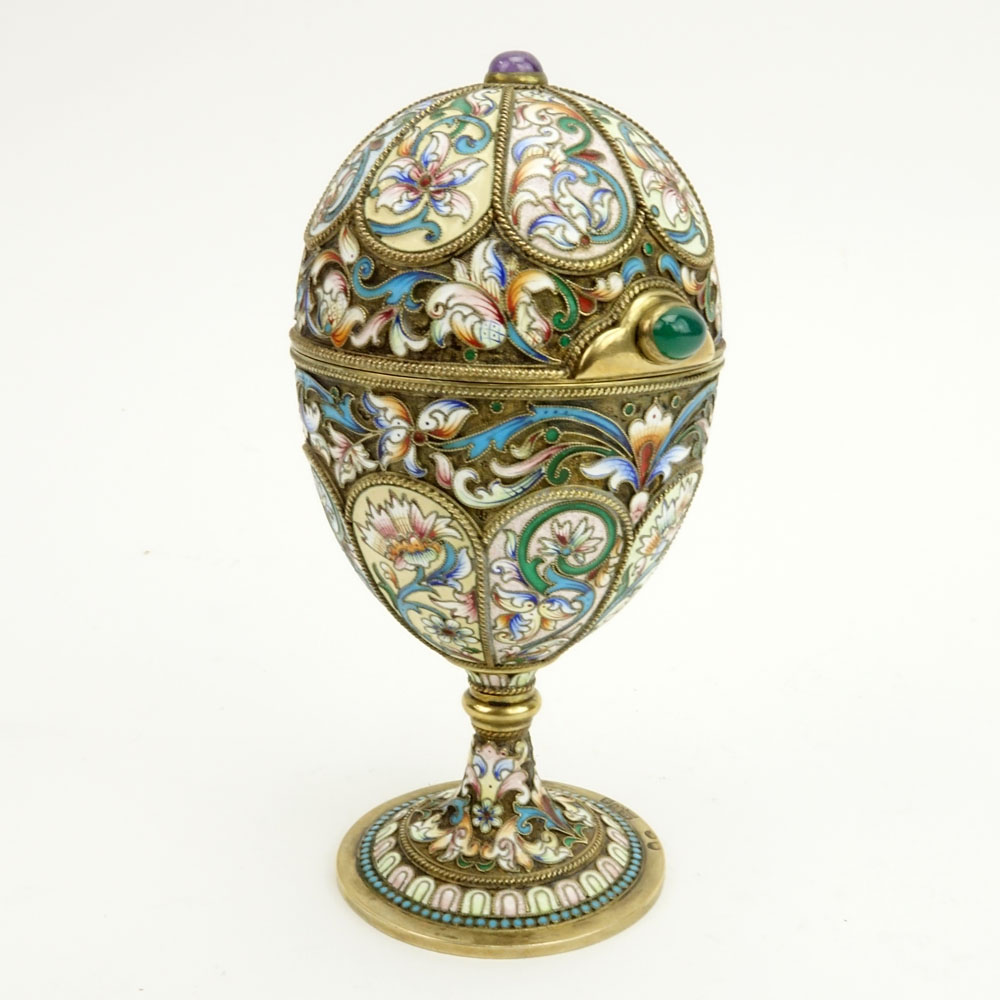 Early 20th Century Russian 84 Gilt Silver and Cloisonne Enamel Egg with Cabochon Emerald and Amethyst.