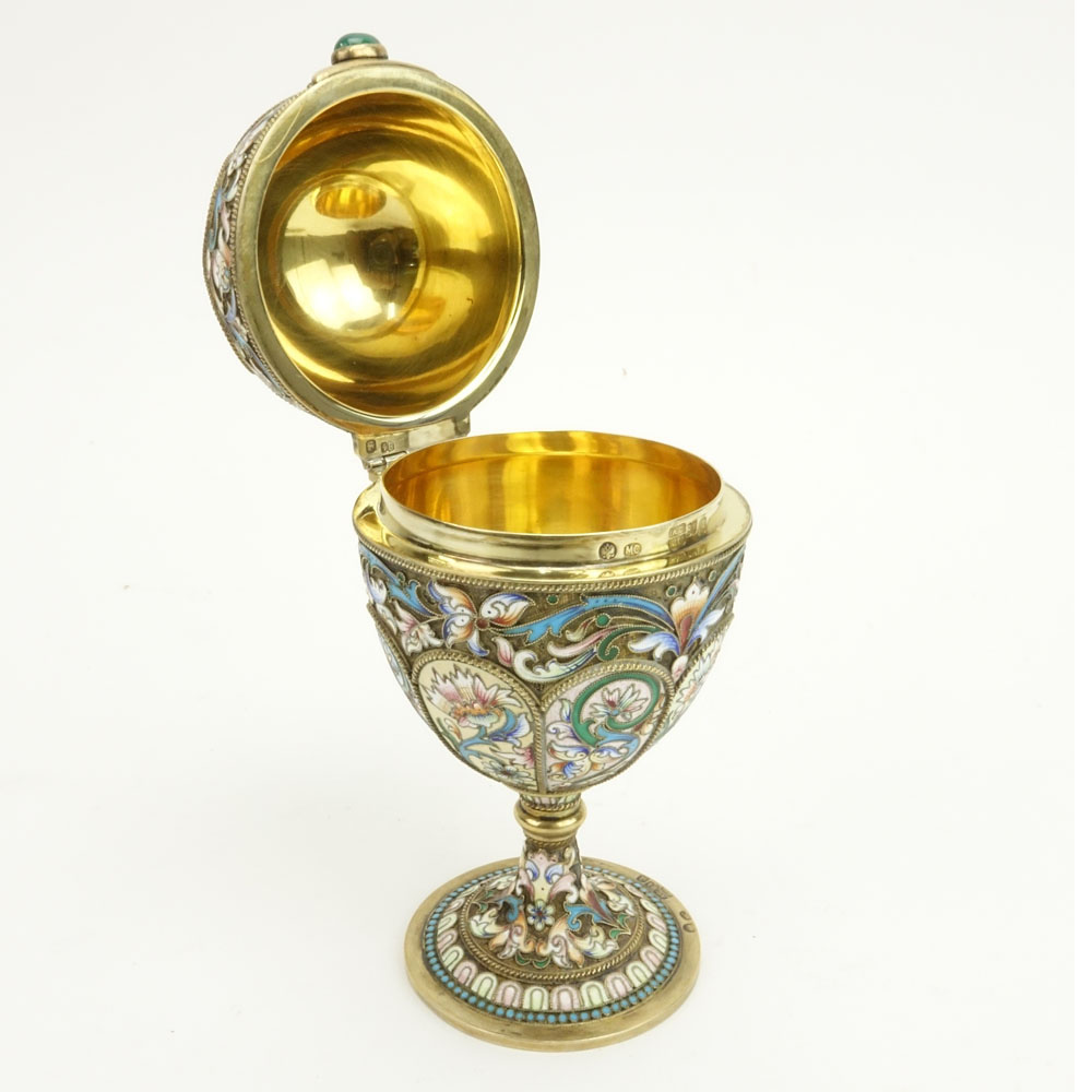 Early 20th Century Russian 84 Gilt Silver and Cloisonne Enamel Egg with Cabochon Emerald and Amethyst.