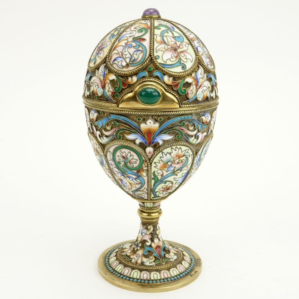 Early 20th Century Russian 84 Gilt Silver and Cloisonne Enamel Egg with Cabochon Emerald and Amethyst.