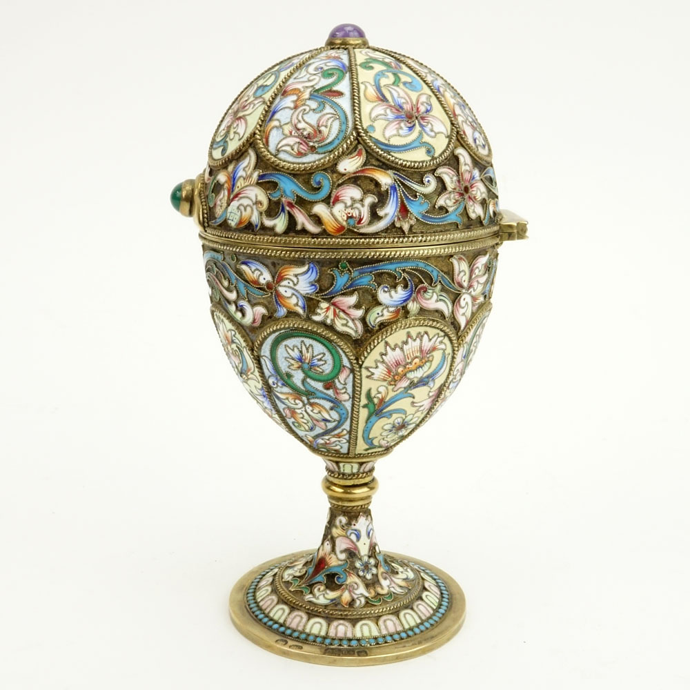 Early 20th Century Russian 84 Gilt Silver and Cloisonne Enamel Egg with Cabochon Emerald and Amethyst.