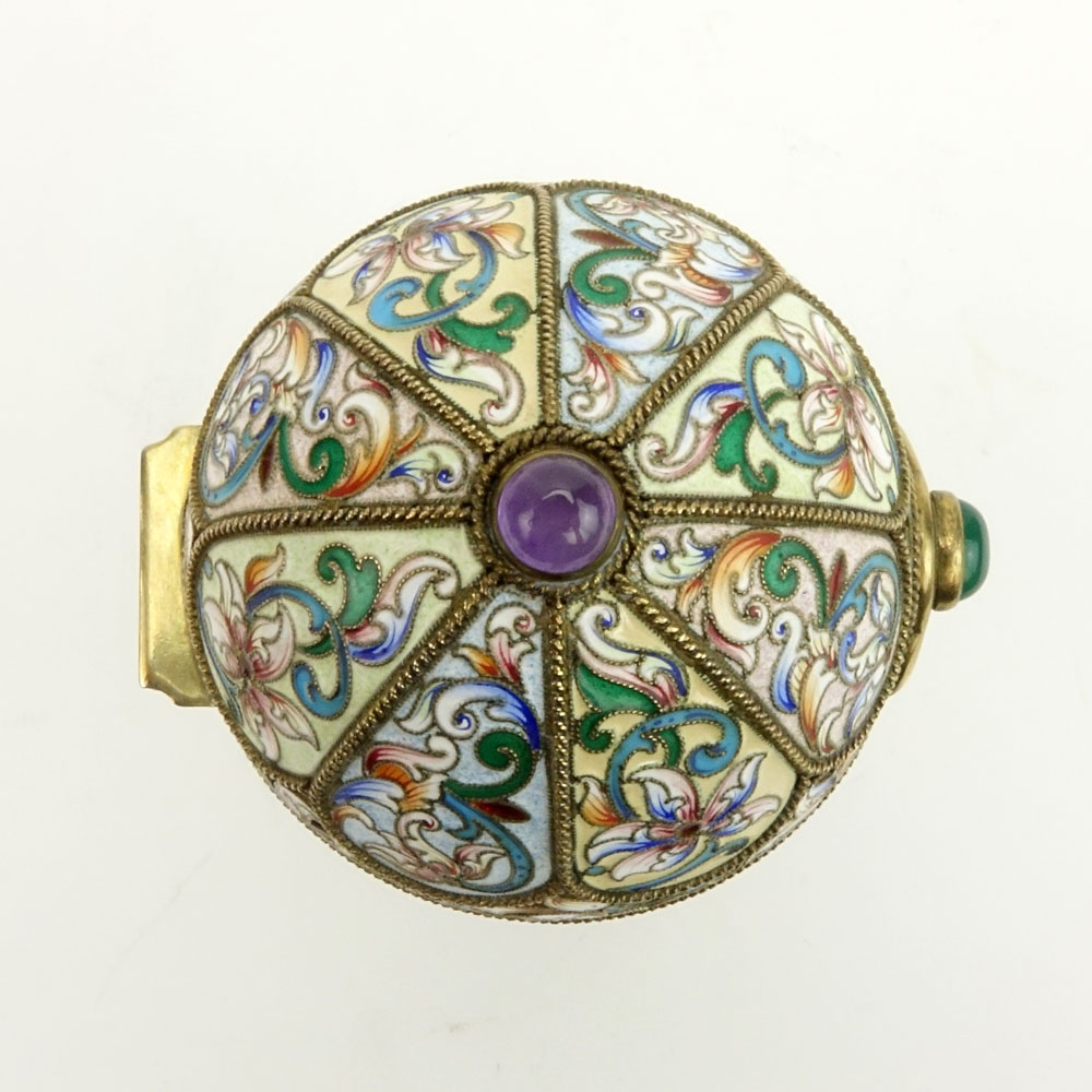 Early 20th Century Russian 84 Gilt Silver and Cloisonne Enamel Egg with Cabochon Emerald and Amethyst.