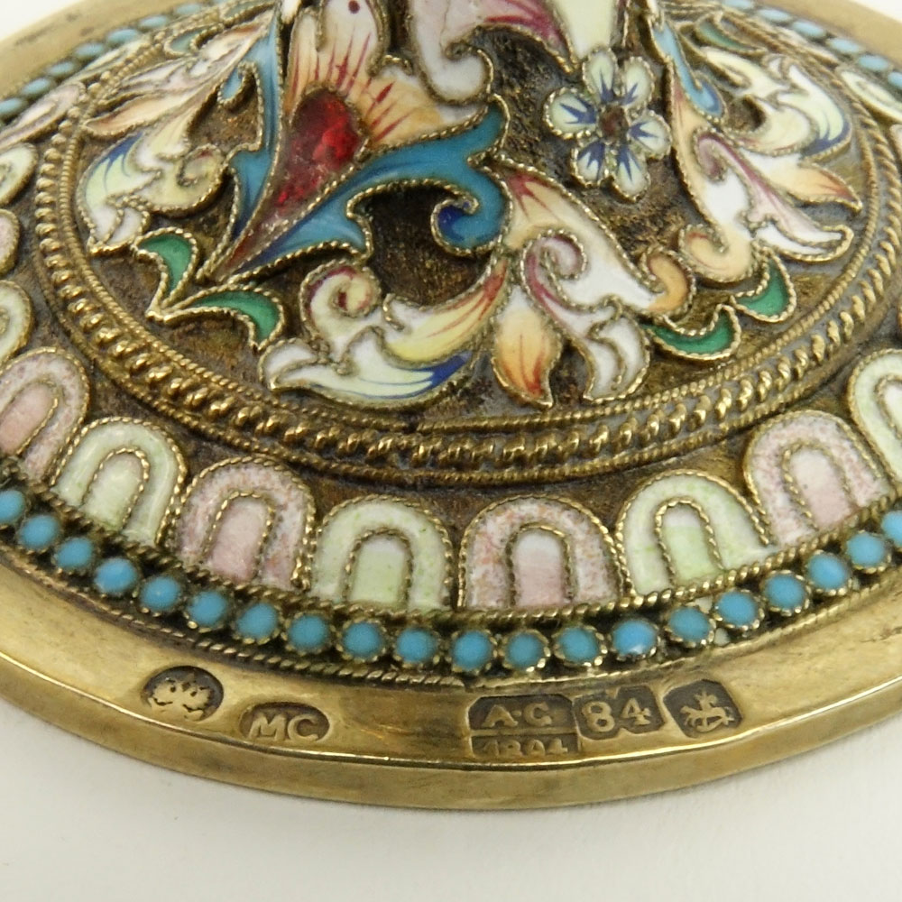 Early 20th Century Russian 84 Gilt Silver and Cloisonne Enamel Egg with Cabochon Emerald and Amethyst.