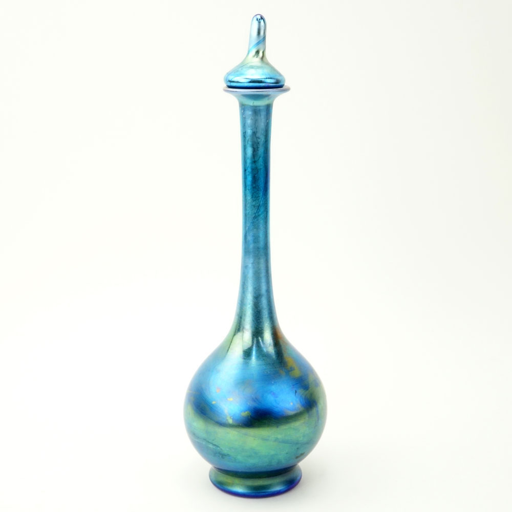 Steuben Aurene Iridescent Blue Bulbous Bottle With Stopper.