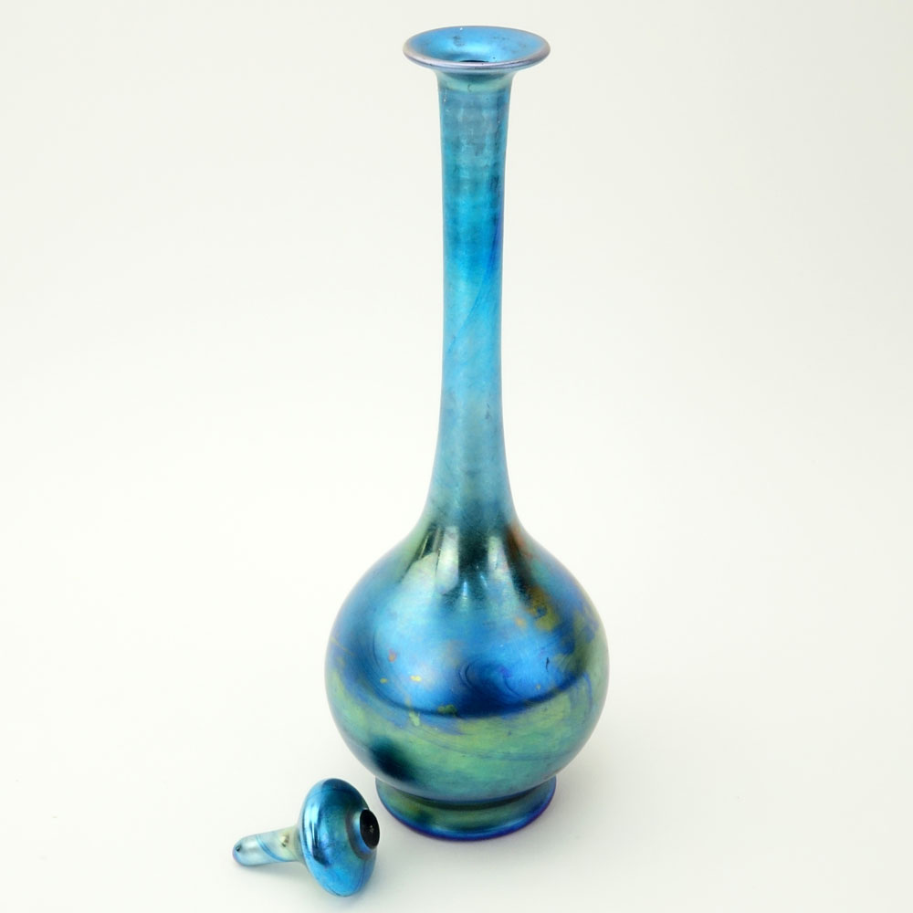 Steuben Aurene Iridescent Blue Bulbous Bottle With Stopper.