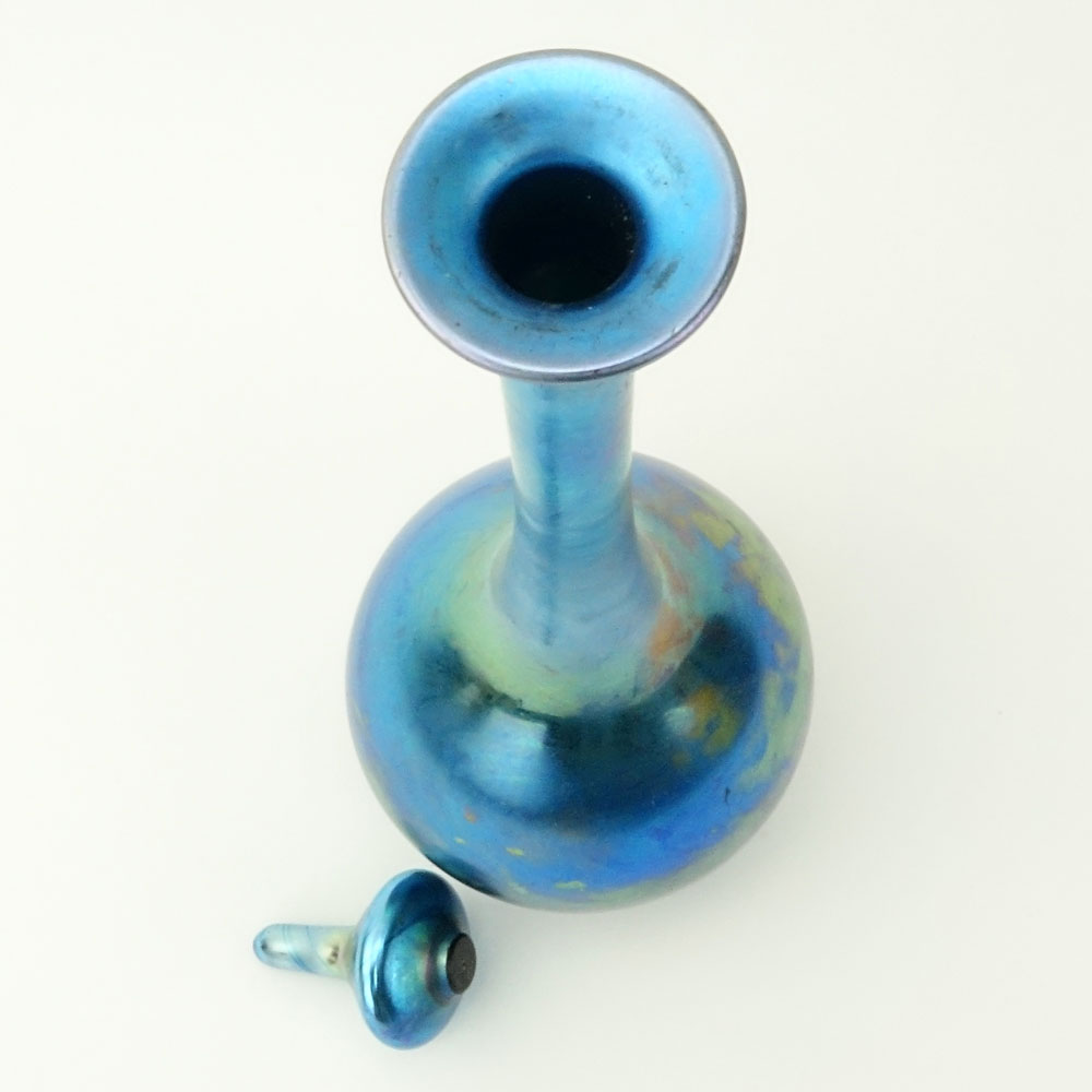 Steuben Aurene Iridescent Blue Bulbous Bottle With Stopper.