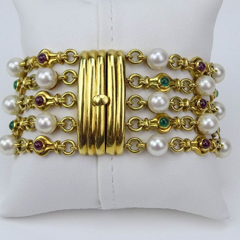 Vintage Italian Bulgari style Heavy 18 Karat Yellow Gold, Pearl, Cabochon Emerald and Ruby Bracelet