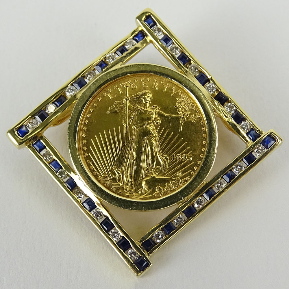 1995 Liberty 1/10 Ounce Five (5) Dollar Fine Gold Coin Pendant with 14 Karat Yellow Gold, Sapphire and Diamond Bezel. 