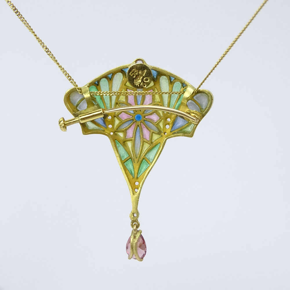 Art Nouveau style 18 Karat Yellow Gold, Plique a Jour and Pear Shape Amethyst Pendant Brooch with Small Diamond Accents and with 14 Karat Yellow Gold Chain