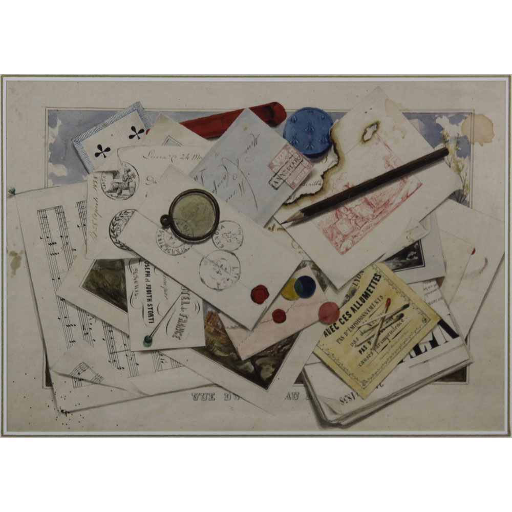 19th Century French School Trompe L'oeil Watercolor on Paper "Ephemera".