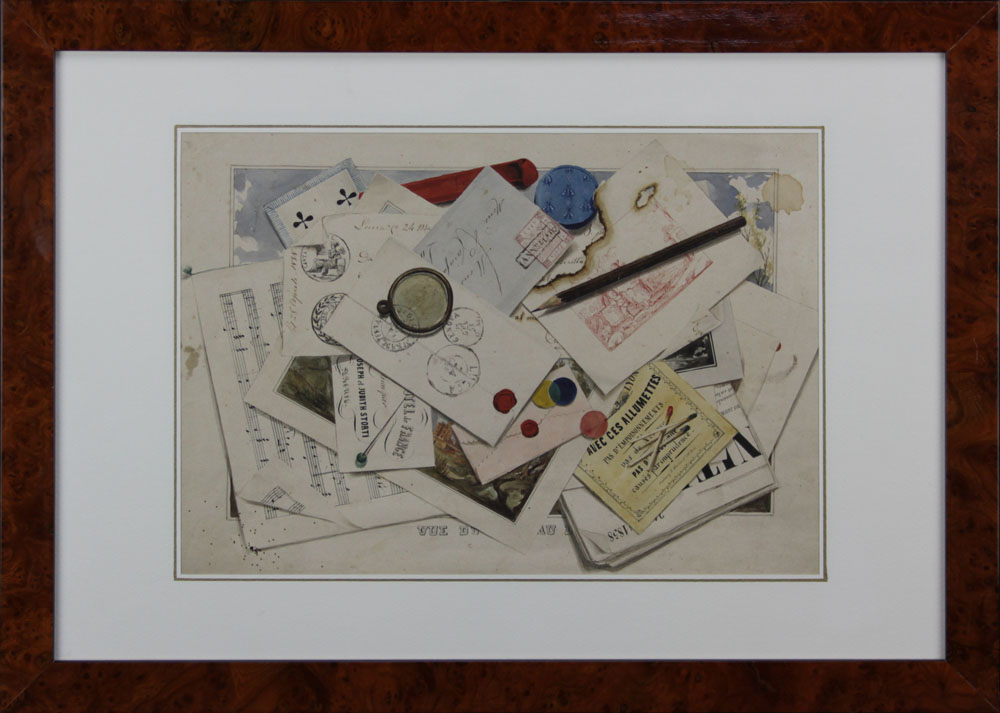 19th Century French School Trompe L'oeil Watercolor on Paper "Ephemera".