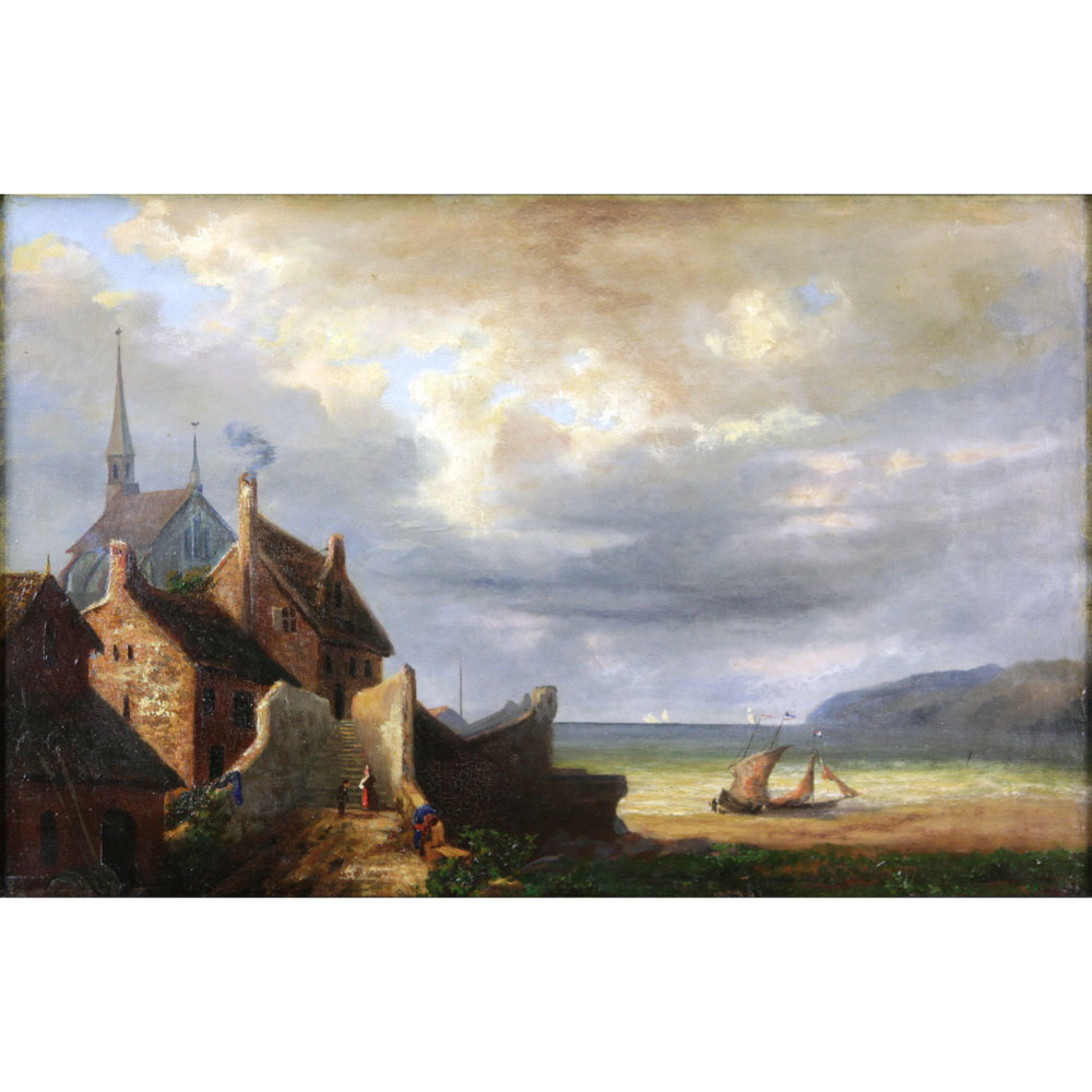 19th Century French School Oil On Canvas "Coastal Village Scene". 