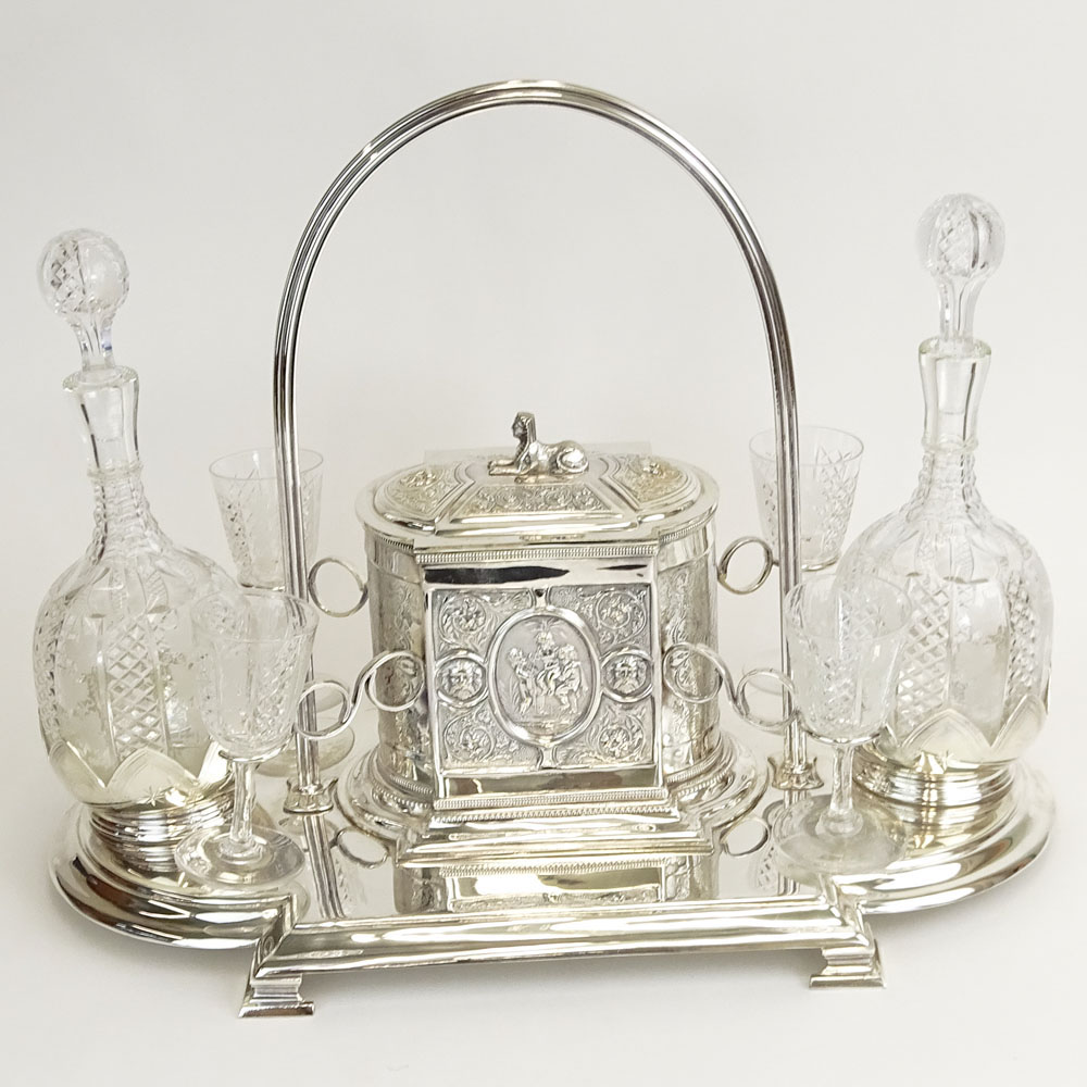 Fine Antique English Silverplate and Crystal Seven (7) Piece Decanter Set with Biscuit Box