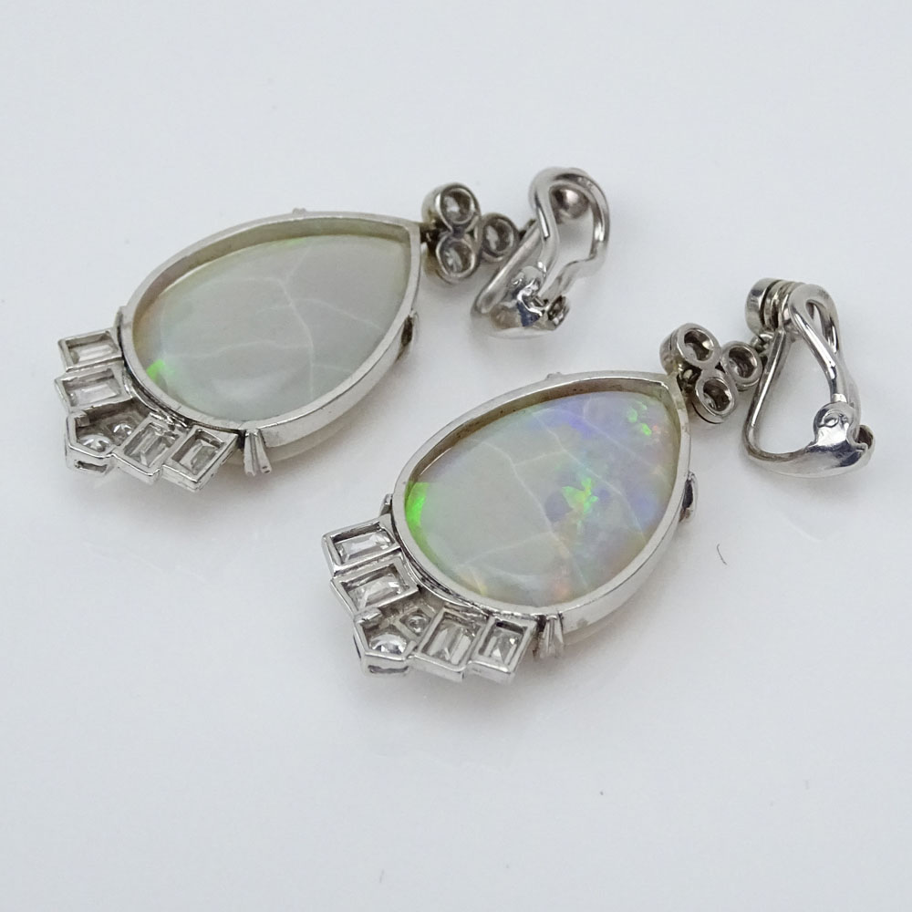 Vintage 1950's Large White Opal, approx. 2.0 Carat Round Brilliant and Emerald Cut Diamond and Platinum Pendant Earrings