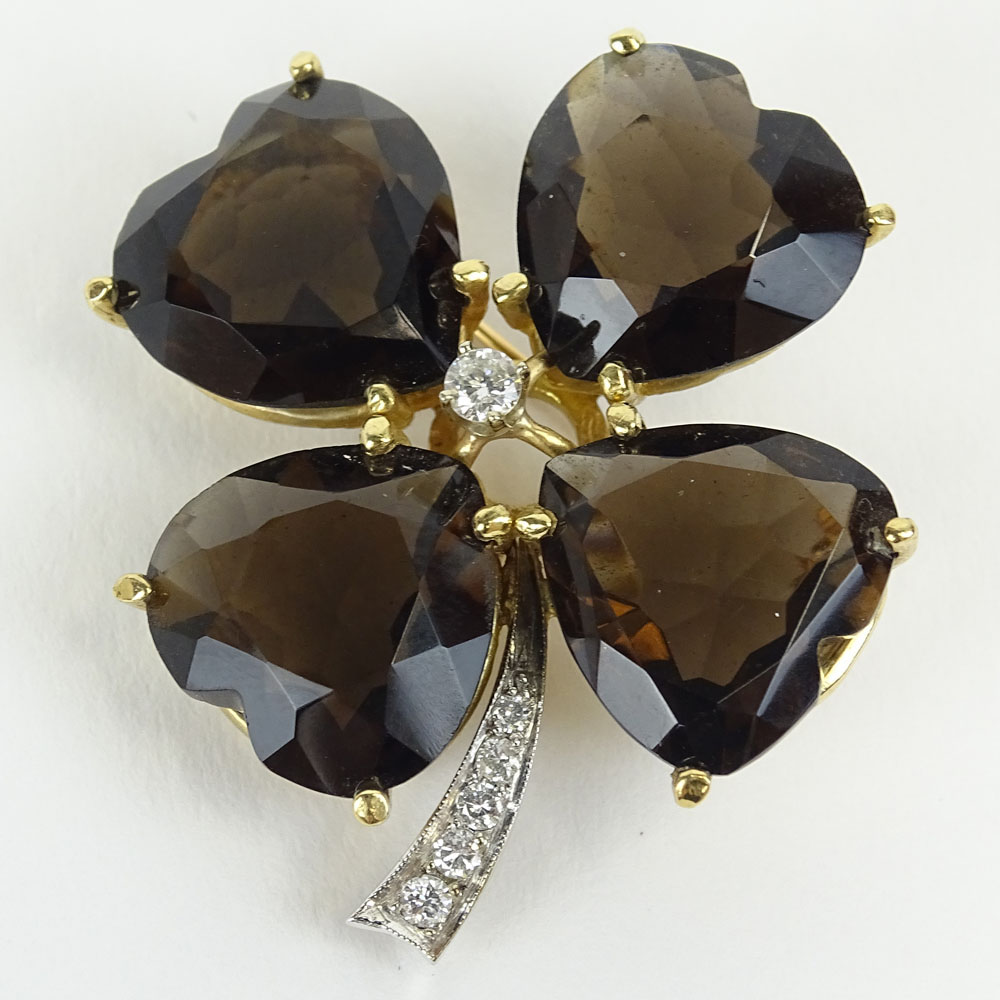 14 Karat Yellow and White Gold Smoky Topaz and Diamond Four Leaf Clover Pin.