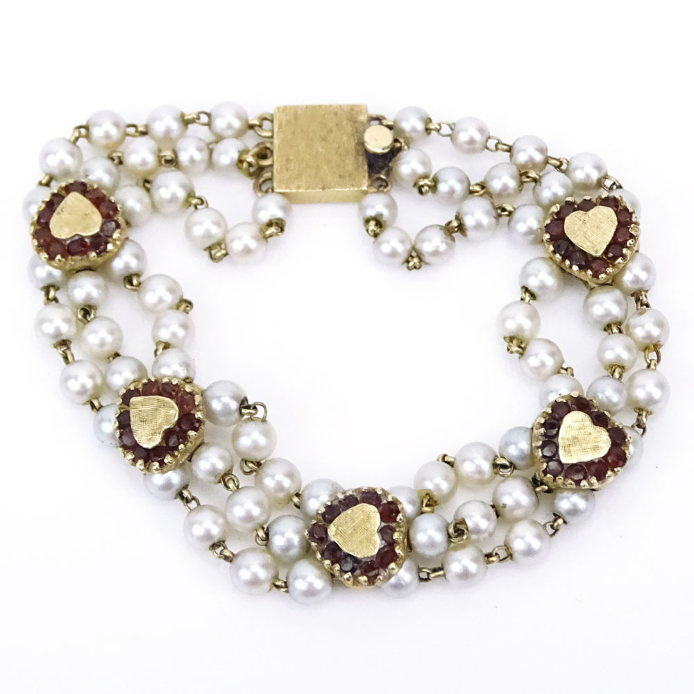 Vintage Lucien Picard Three Strand White Pearl and 14 Karat Yellow Gold Heart Bracelet