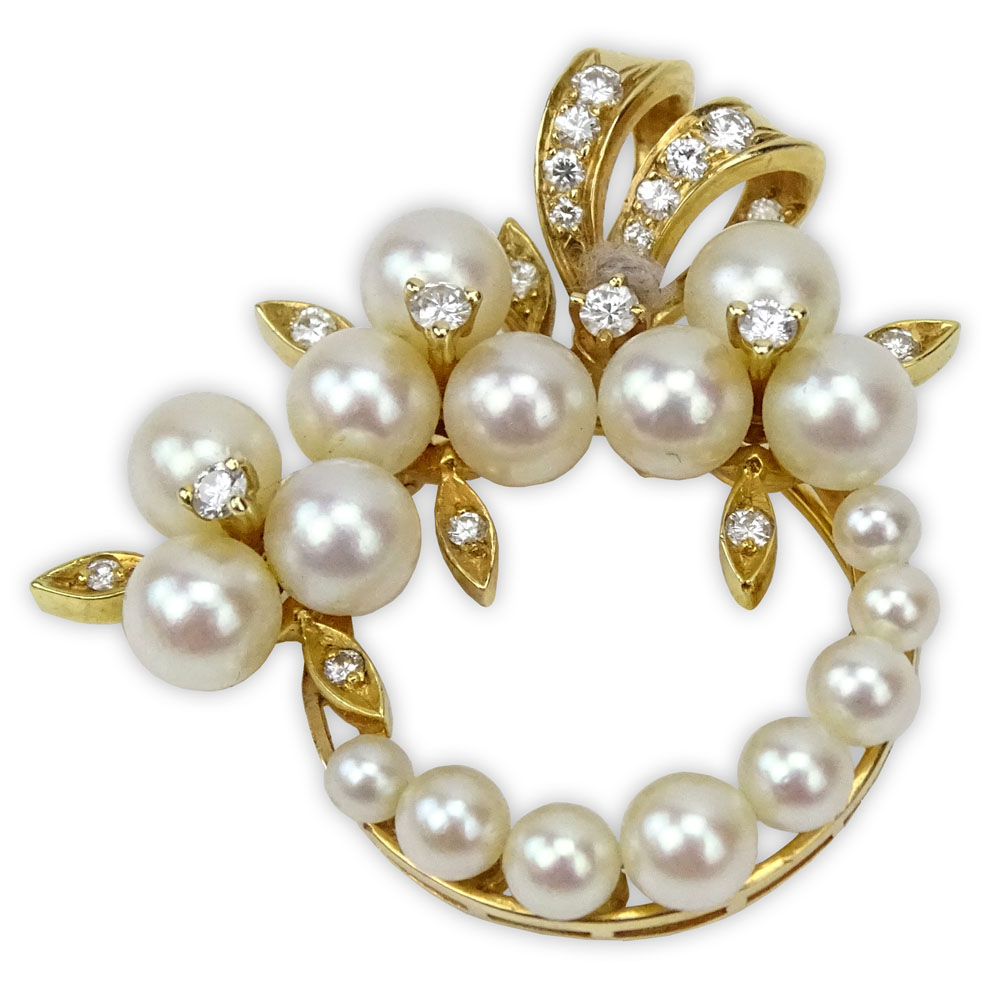 Vintage Pearl, Round Brilliant Cut Diamond and 14 Karat Yellow Gold Pendant/Brooch