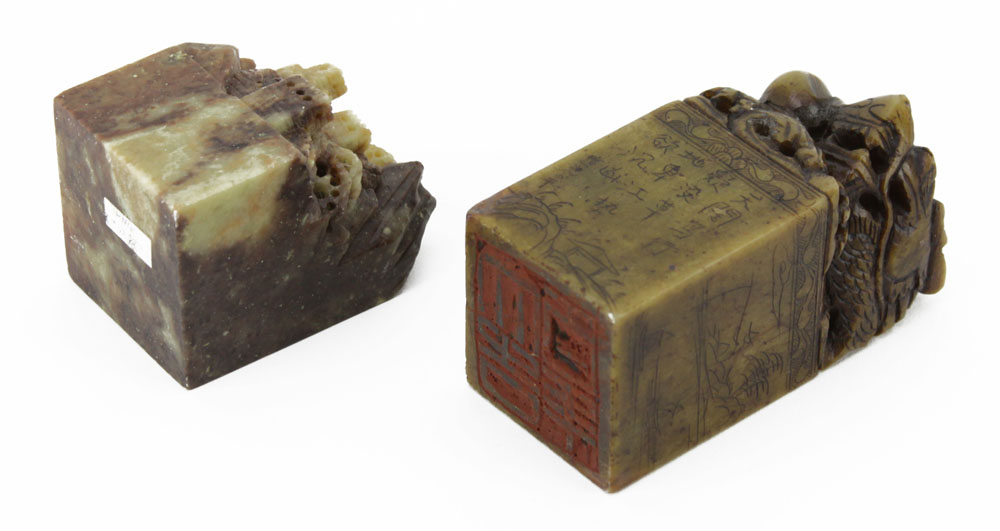 Chinese Carved Soapstone Seal/Chop with Dragon Finial and Calligraphy