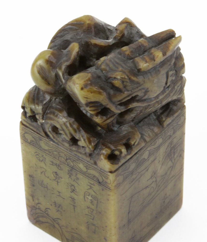 Chinese Carved Soapstone Seal/Chop with Dragon Finial and Calligraphy