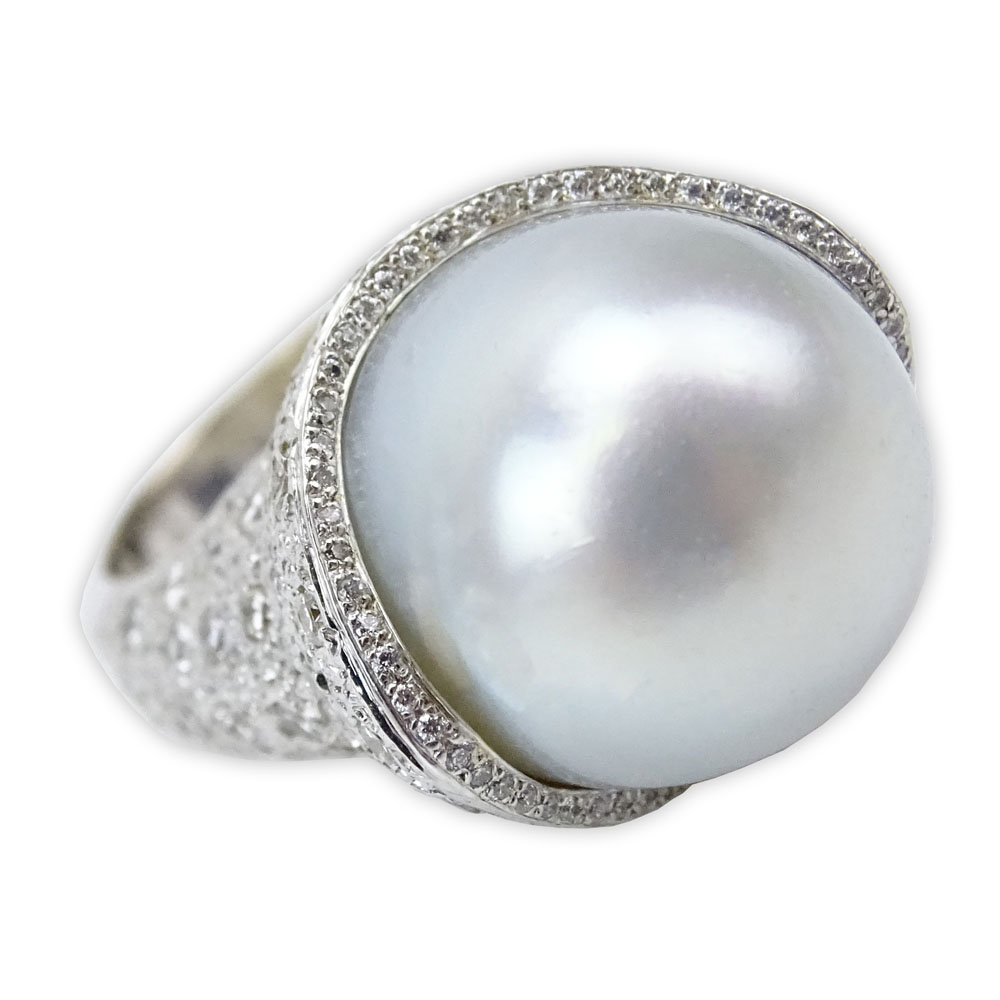 South Sea Pearl, Pave Set Diamond and 18 Karat White Gold Ring. 