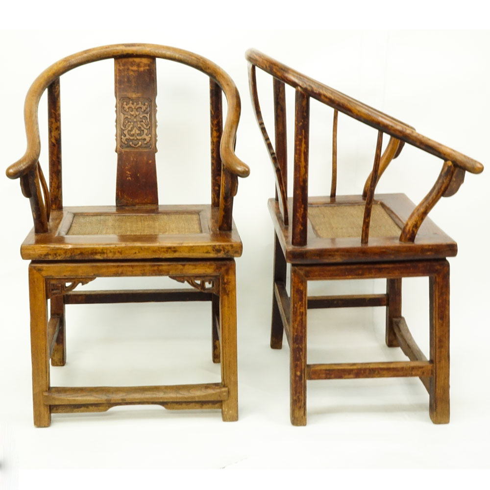 Pair 18th Century Or Earlier Chinese Carved Lacquered Elm Horseshoe Back/Quanyi Scholars Chairs With Woven Rattan Seats.