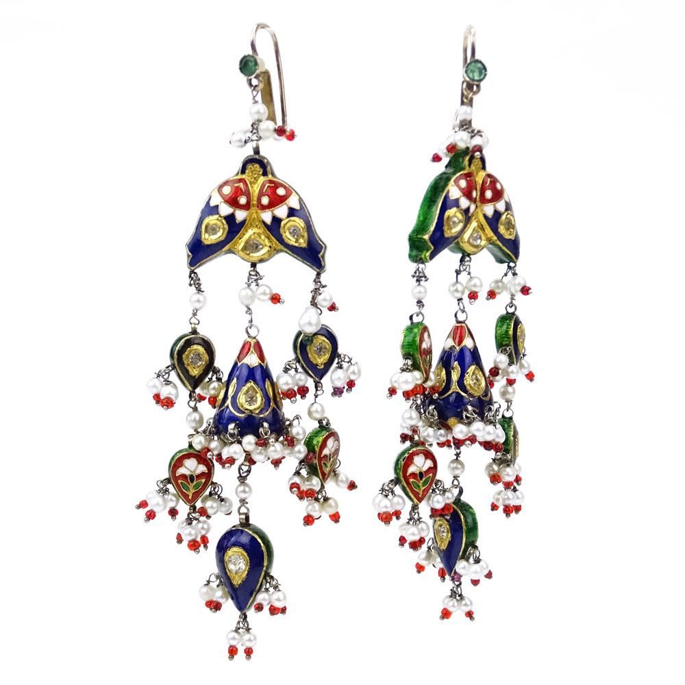 Large Pair of 18 Karat Yellow Gold, Multi Color Enamel, Rose Cut Diamond and Seed Pearl Reversible Chandelier Earrings