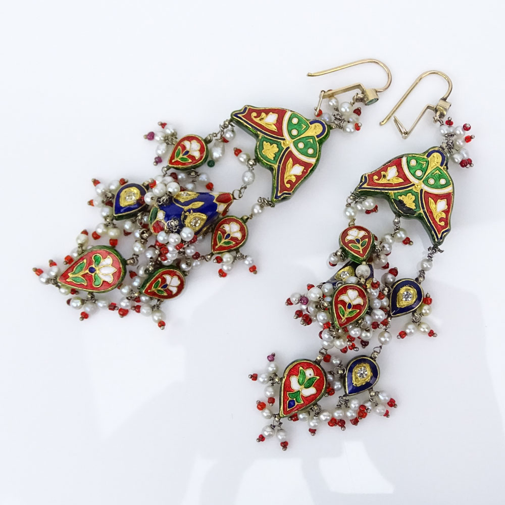 Large Pair of 18 Karat Yellow Gold, Multi Color Enamel, Rose Cut Diamond and Seed Pearl Reversible Chandelier Earrings