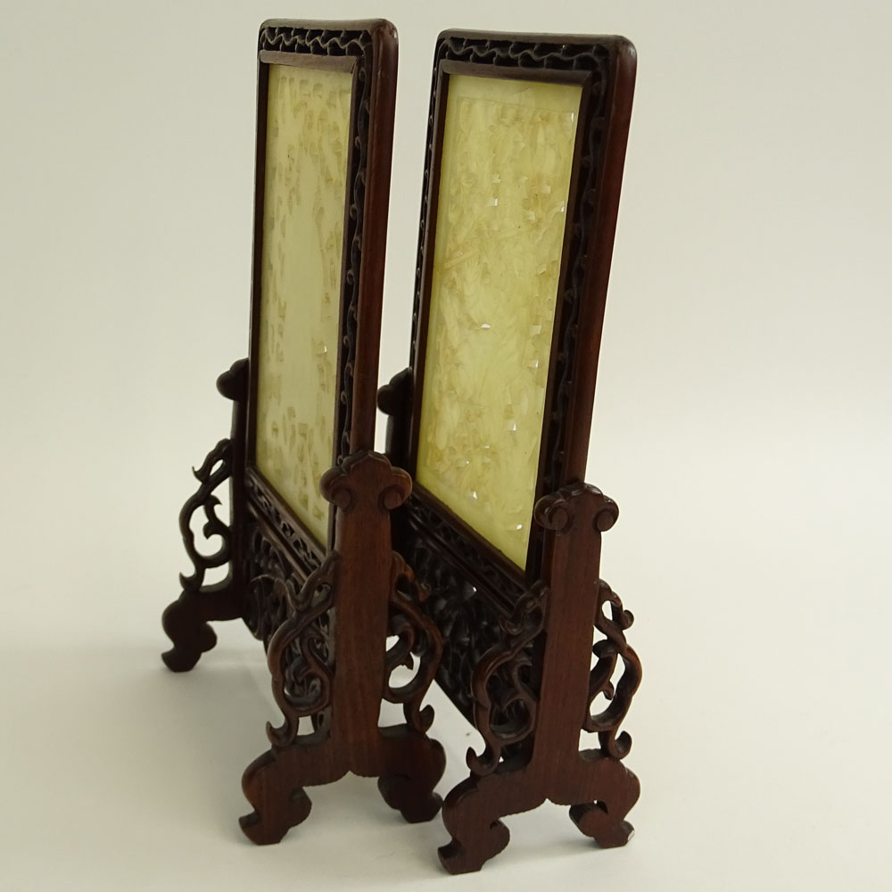 Pair of Vintage Chinese Carved Reticulated White Jade Table Screens in Hardwood Frames