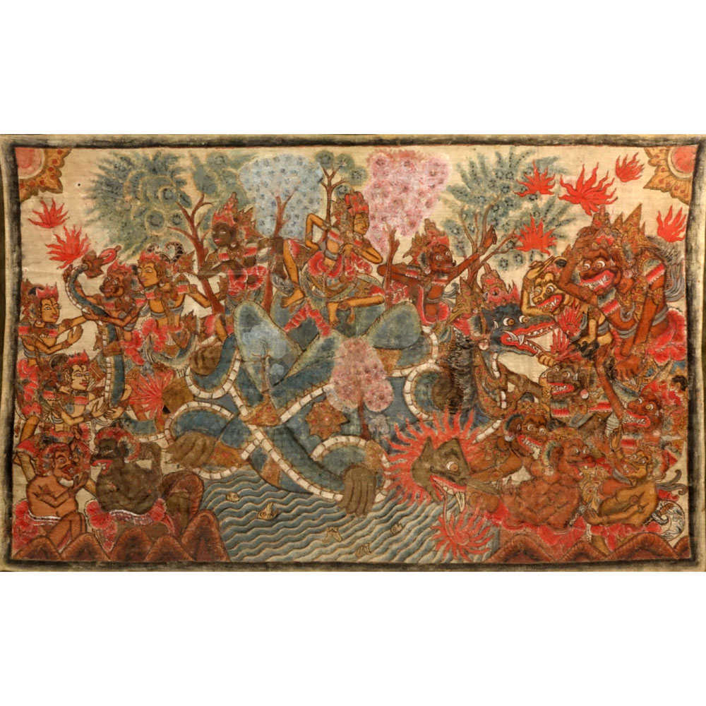 Large Antique Balinese Tribal Mythological Procession Painting on Textile