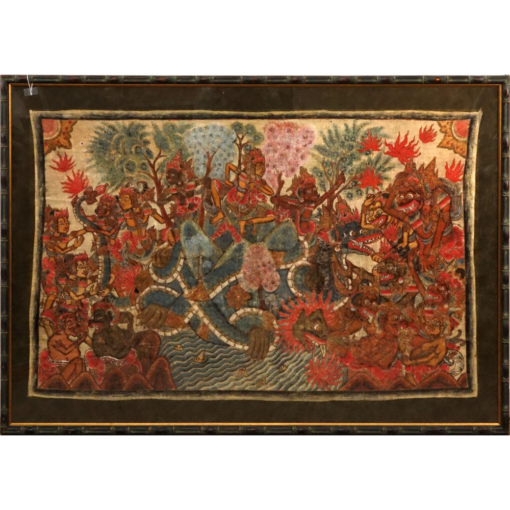 Large Antique Balinese Tribal Mythological Procession Painting on Textile