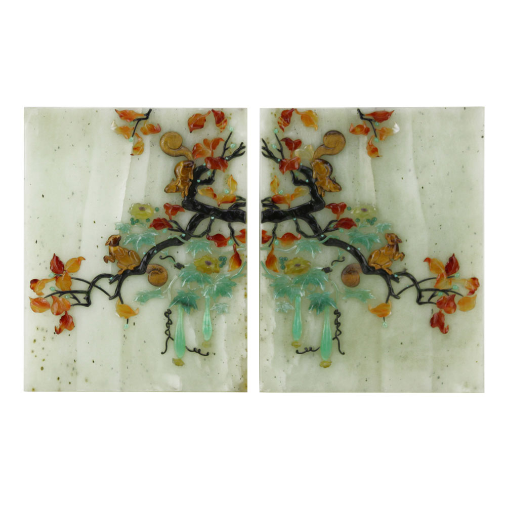 Pair of 20th Century Chinese Jade Table Screen Plaques  with Applied Semi Precious Stones