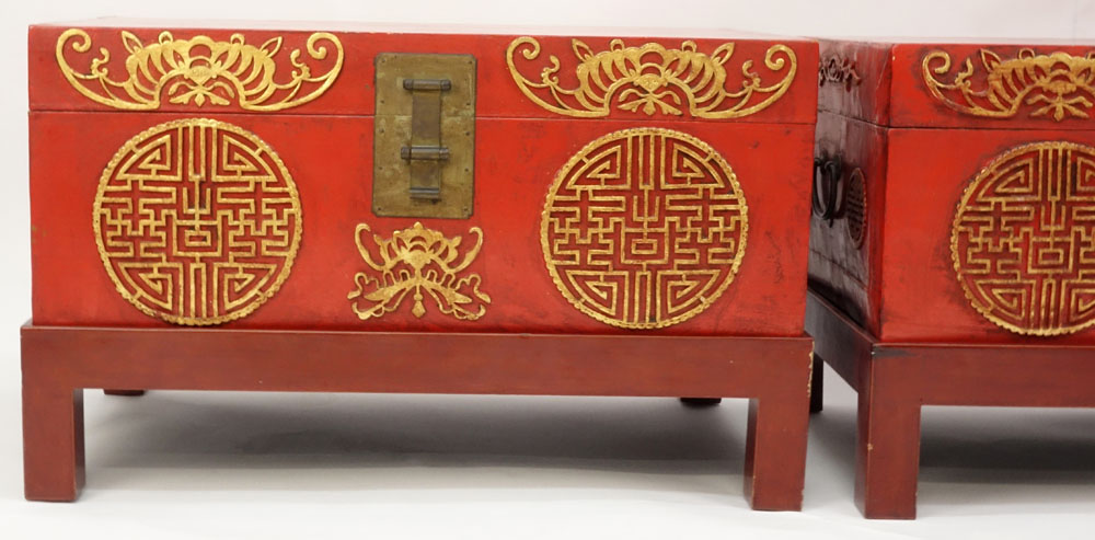 Pair of Chinese Red Lacquered Pigskin Storage Chests on Stand.