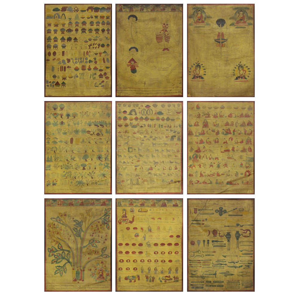 Collection of Nine (9) Antique Tibetan Hand painted Thangka Paintings