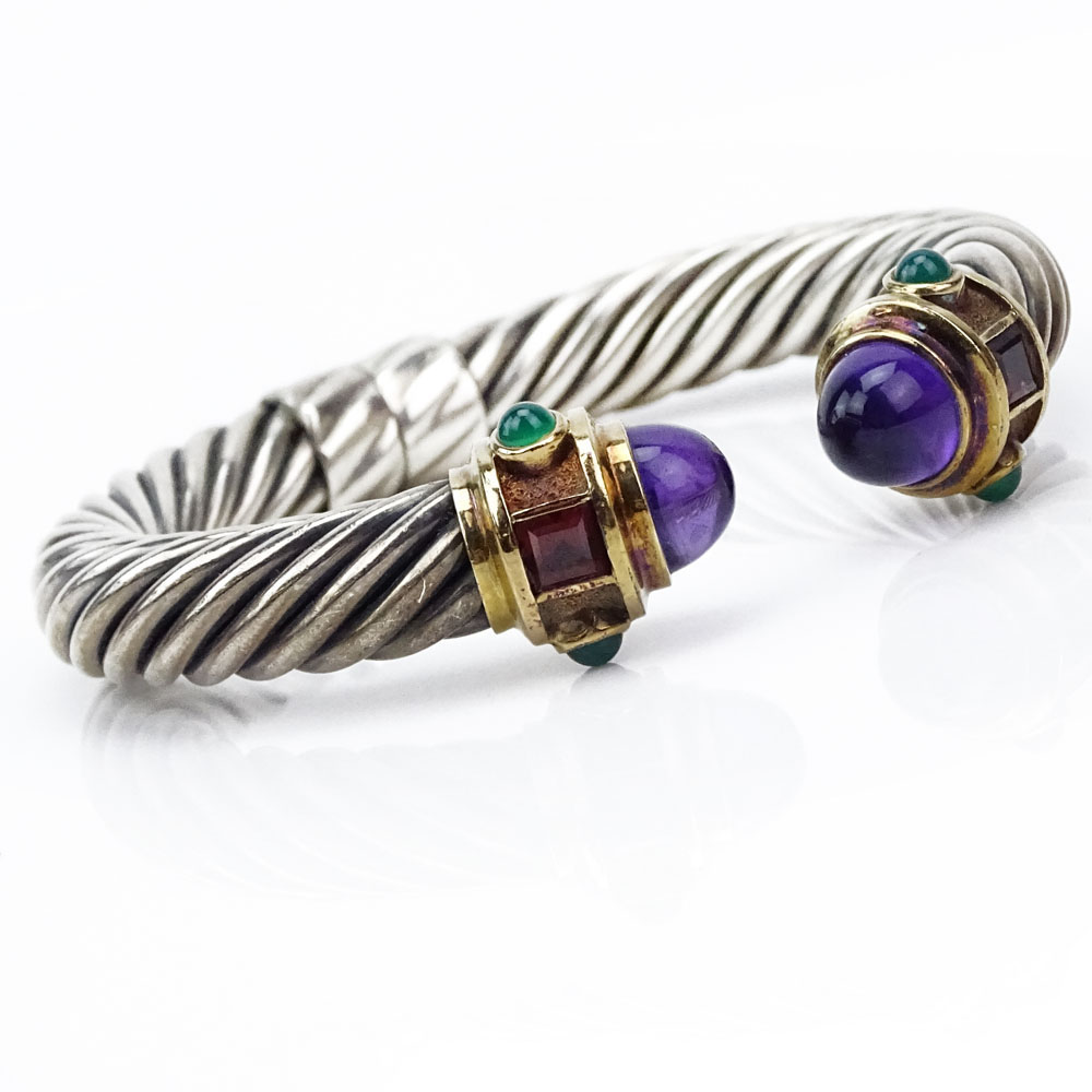 David Yurman Sterling Silver and 14 Karat Yellow Gold Hinged Bangle Bracelet with Cabochon Amethysts, Emeralds and Square Cut Tourmalines