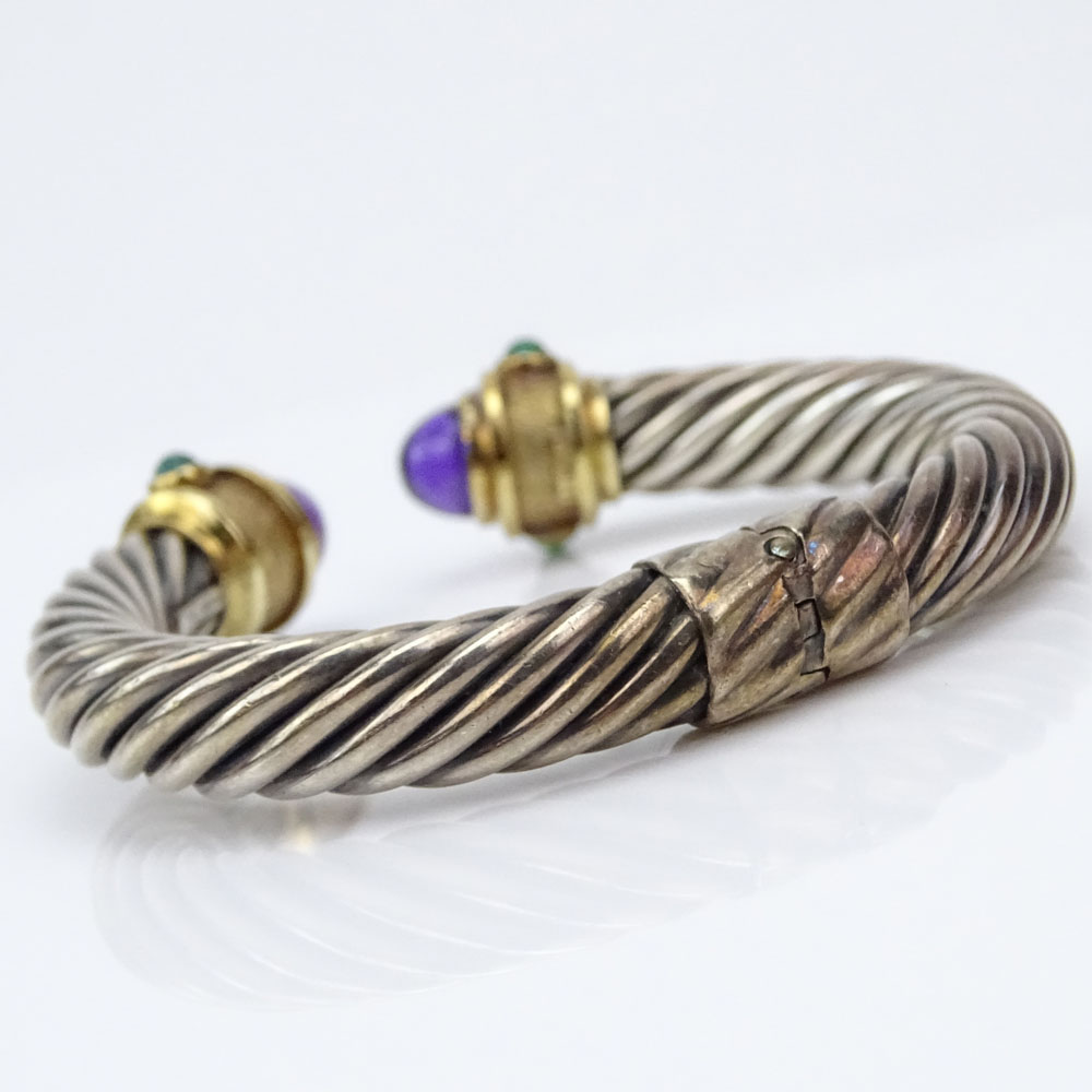 David Yurman Sterling Silver and 14 Karat Yellow Gold Hinged Bangle Bracelet with Cabochon Amethysts, Emeralds and Square Cut Tourmalines