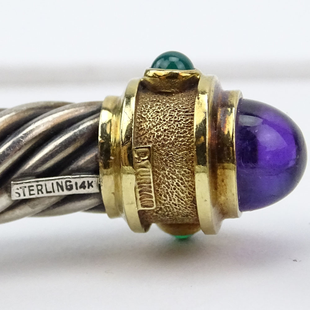 David Yurman Sterling Silver and 14 Karat Yellow Gold Hinged Bangle Bracelet with Cabochon Amethysts, Emeralds and Square Cut Tourmalines