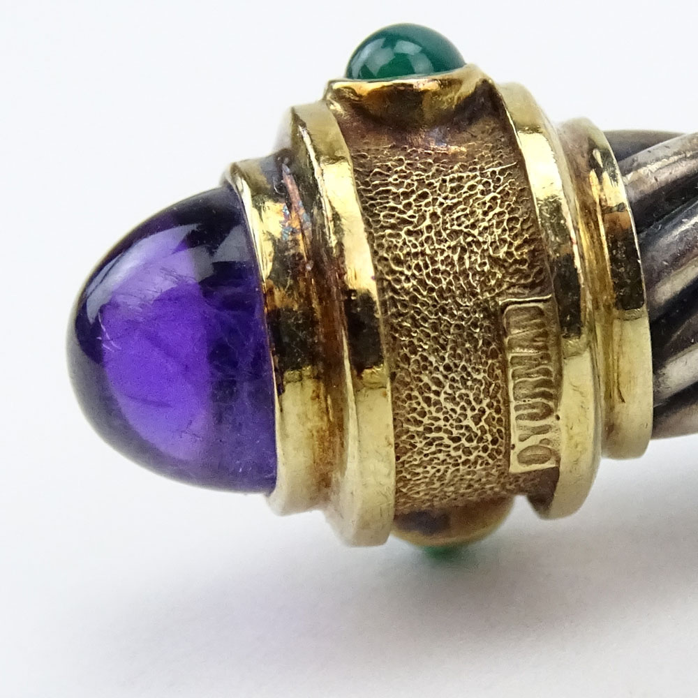 David Yurman Sterling Silver and 14 Karat Yellow Gold Hinged Bangle Bracelet with Cabochon Amethysts, Emeralds and Square Cut Tourmalines