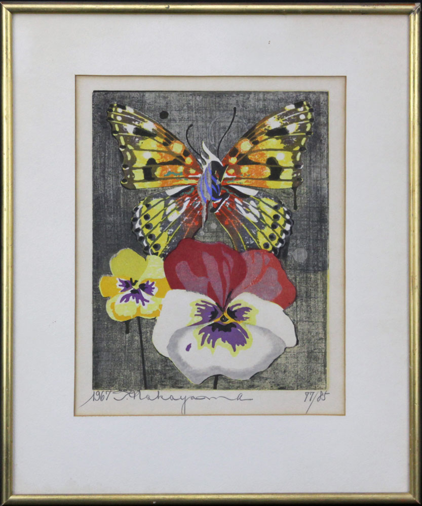 Tadashi Nakayama, Japanese (born 1927) Pencil Signed Color Woodblock Print, "Butterfly and Flowers, 1967" 