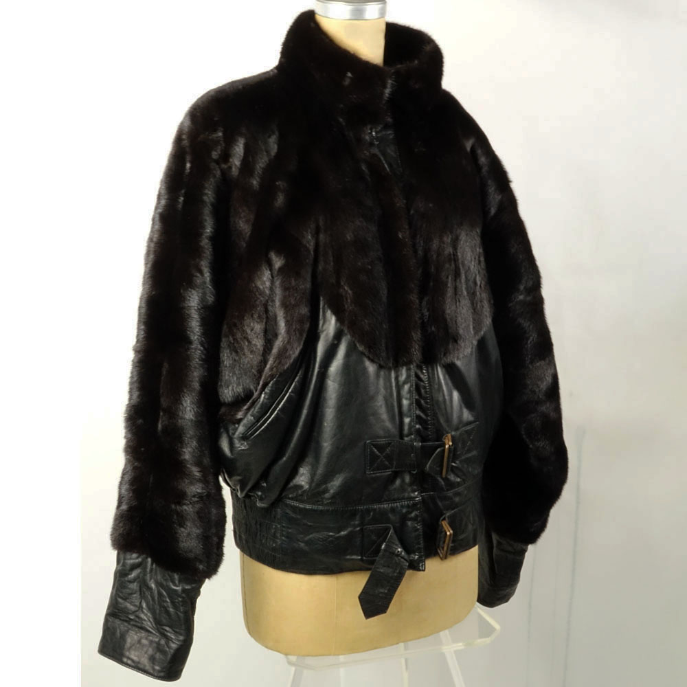 Vintage Jacques St. Laurent Black Mink and Leather Bomber Style Jacket