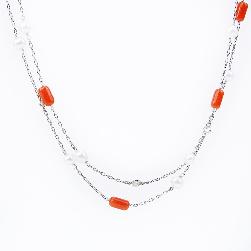 Art Deco Platinum, Red Coral, Bezel Set Old European Cut Diamond and Pearl Necklace