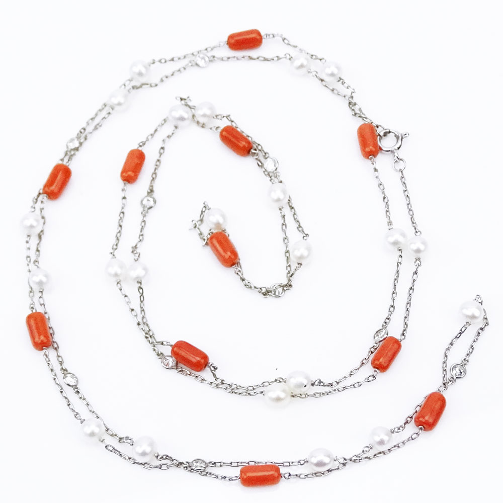 Art Deco Platinum, Red Coral, Bezel Set Old European Cut Diamond and Pearl Necklace