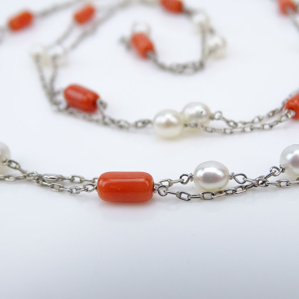 Art Deco Platinum, Red Coral, Bezel Set Old European Cut Diamond and Pearl Necklace