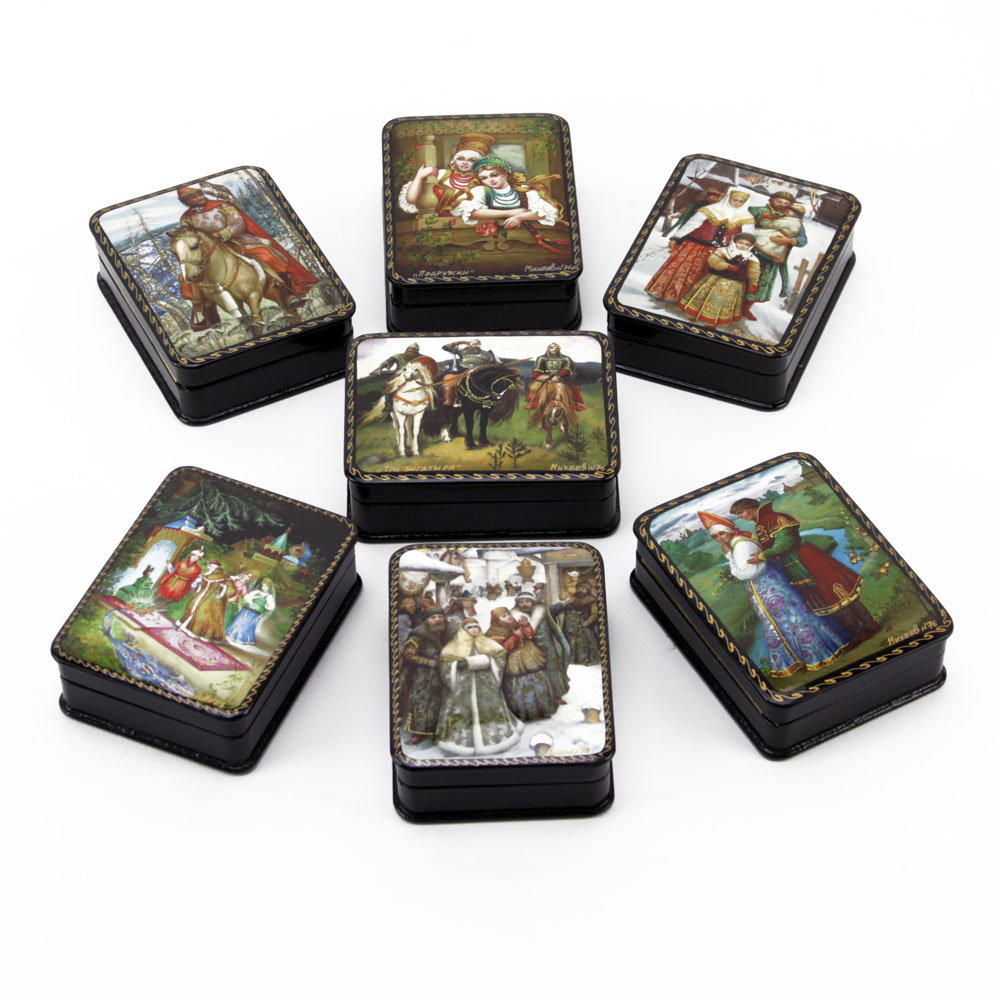 Collection of Seven (7) Russian Hand painted Lacquered Boxes.