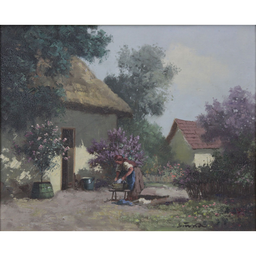 Hungarian School Oil on Canvas Painting "Villager Tending Clothes near Cottages"