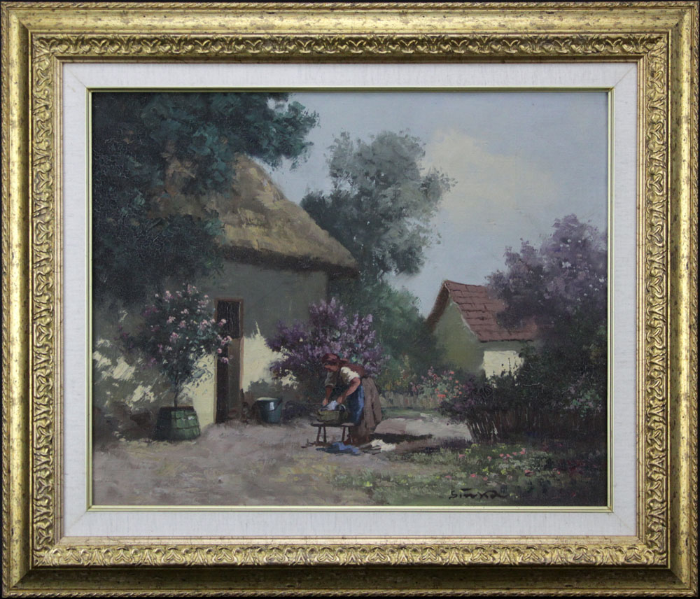 Hungarian School Oil on Canvas Painting "Villager Tending Clothes near Cottages"